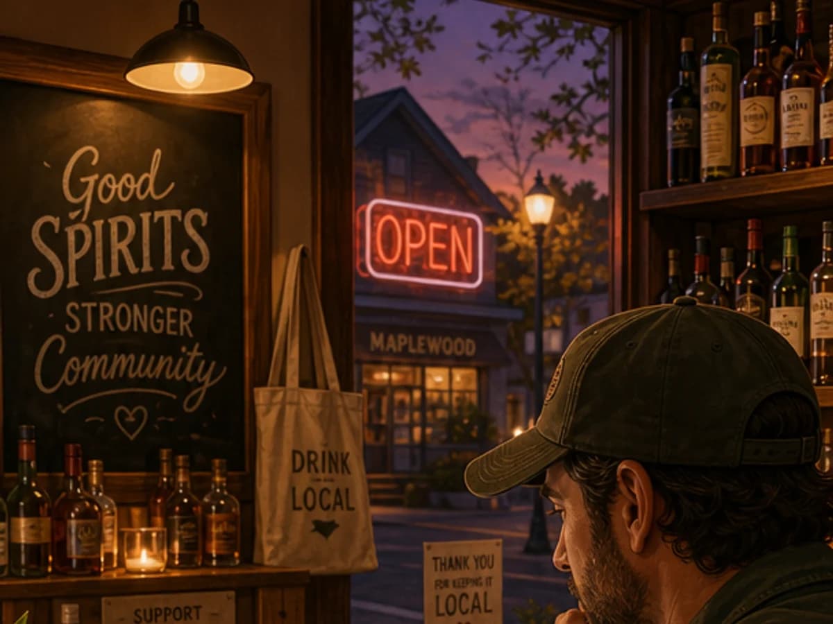Warmly lit shelves of bottles inside an independent neighborhood store